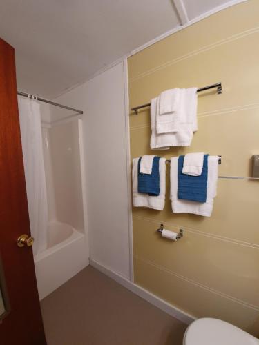 y baño con ducha y toallas blancas. en Yardarm Motel, en Searsport