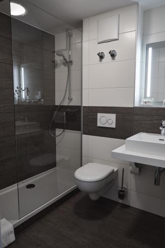 a bathroom with a shower and a toilet and a sink at Hotel Alter Wirth in Geretsried
