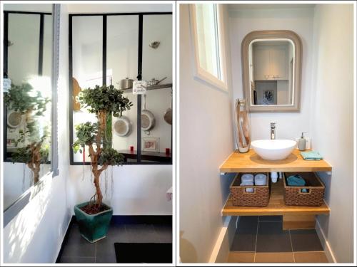 two pictures of a bathroom with a sink and a mirror at LESPARISNORMANDS - le duplex de la reine in Boulogne-Billancourt