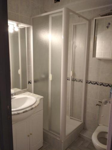 une salle de bain avec un lavabo, une douche et des toilettes dans l'établissement Résidence le Neptuna 50 mètres plage réservation du samedi au samedi en haute saison, au Cap d'Agde