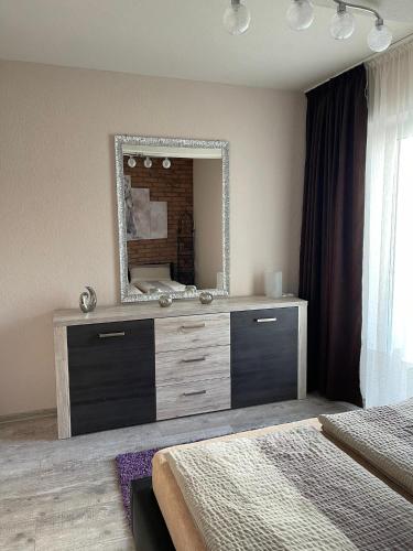 a bedroom with a dresser with a mirror on it at Apartamenty Bartnicza C in Bielsko-Biała