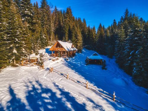 an aerial view of a cabin in the snow at Leśna Bacówka in Nowy Targ