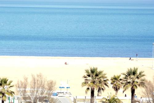 a view of a beach with palm trees and the ocean at Hotel Fedora Rimini in Rimini