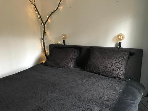 a black bed with two lamps on top of it at Natuurhuisje Pine & Oak 6 persoons in Hardenberg