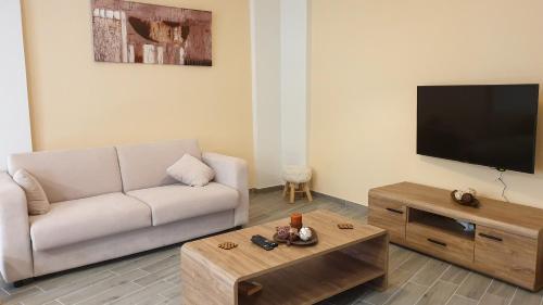 salon z kanapą i telewizorem z płaskim ekranem w obiekcie Helen Apartments & Studios w mieście Agios Stefanos