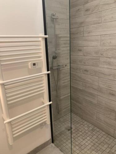 une salle de bain avec une douche avec une porte vitrée dans l'établissement Studio Face à la mer..., à Sète