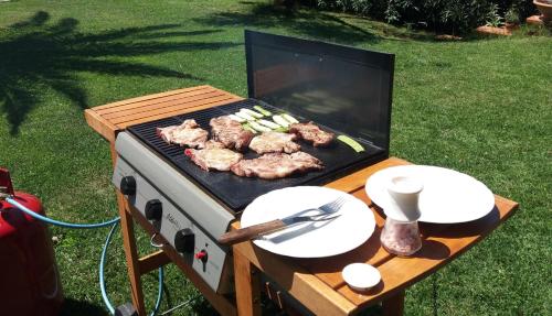 a grill with meat and vegetables on a table at Appartamenti Gli Ulivi Di Maremma in Gavorrano