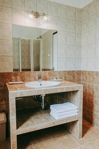 a bathroom with a sink and a mirror at Platán in Siófok