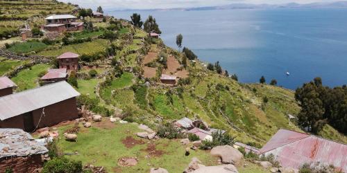 an aerial view of a house on a hill next to the water at Taquile Hospedaje Mario in Huillanopampa
