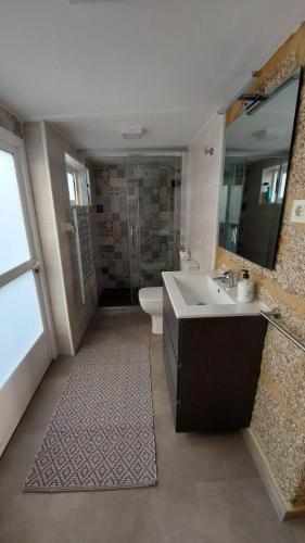 a bathroom with a sink and a toilet and a mirror at A Casiña do Xastre in Pontevedra