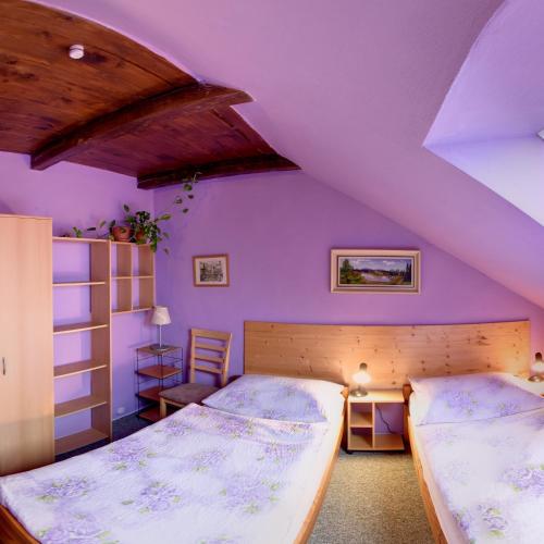 two beds in a room with purple walls at Penzion U Lesa in České Budějovice