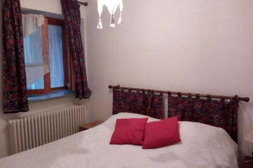 um quarto com uma cama com duas almofadas vermelhas em Appartamento IL QUADRIFOGLIO em Saint-Oyen