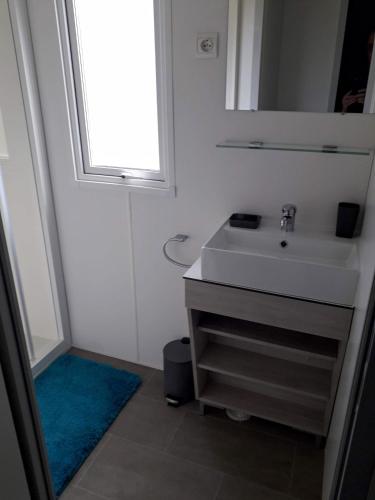 une salle de bain avec un lavabo et un miroir dans l'établissement mobil home neuf 2 chambres 6 personnes Saint Aygulf plage, à Fréjus