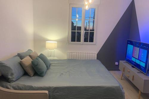 ein Schlafzimmer mit einem großen Bett und einem Flachbild-TV in der Unterkunft Studio cosy refait à neuf,au calme 5 min du centre in Angers