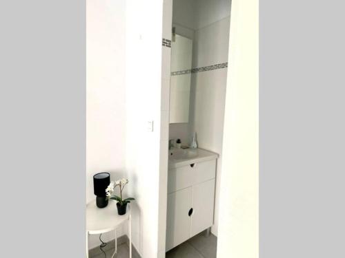 une salle de bain avec un lavabo et un meuble blanc dans l'établissement Appartement confort centre-ville St Roch, à Montpellier