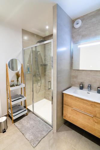 une salle de bain avec douche et lavabo dans l'établissement Les Balcons De La Haie Griselle gîte 4/pers, à Gérardmer