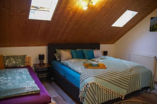 a bedroom with a bed in a room with skylights at Ferienwohnung Andermann in Neukirchen