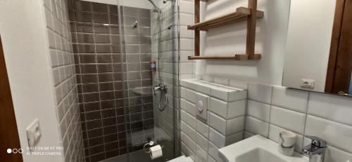 a bathroom with a sink and a shower at Guesthouse Tershana in Peshkopi