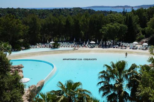 une grande piscine avec une plage et des palmiers dans l'établissement Les Restanques du Golfe de Saint Tropez, à Grimaud