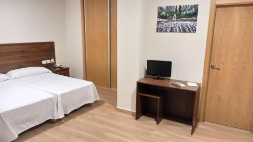 een slaapkamer met een bed en een bureau met een televisie bij Hosteria de Rafi in Priego de Córdoba