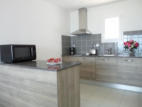 a kitchen with a counter with a microwave and a sink at Appart'hotel Résidence La Provence in Istres