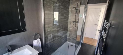uma casa de banho com uma cabina de duche em vidro e um lavatório. em Craiglynn Holiday Apartment Loch Lomond em Balloch