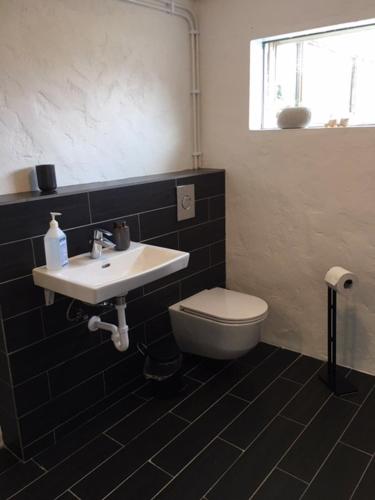 a bathroom with a sink and a toilet at Borgir - The House by the Sea in Borgir