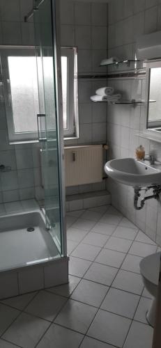a bathroom with a shower and a tub and a sink at An den Linden 31 in Leipzig