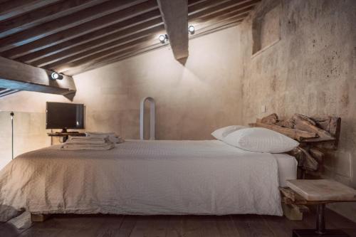a bedroom with a bed and a tv in a room at Piazza San Donato Casa Vacanze in Bagnoregio