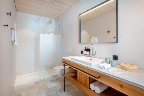 a bathroom with a sink and a shower at Fuchsegg Eco Lodge in Egg