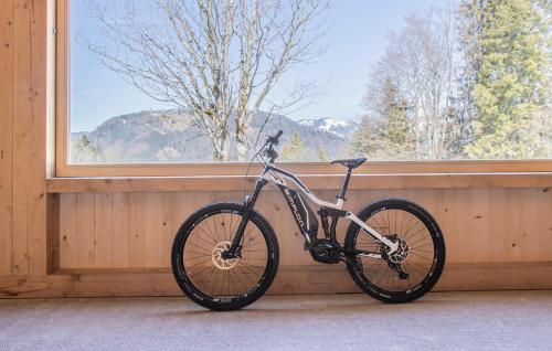 a bike parked against a wall in front of a window at Fuchsegg Eco Lodge in Egg