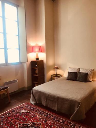 - une chambre avec un lit, une fenêtre et un tapis dans l'établissement Palais des Papes - Spacious Historic Apartment in Private Mansion ! Free PARKING Nearby ! Spacieux Appartement Historique dans Hôtel Particulier ! PARKING à proximité Offert !, à Avignon