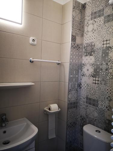 a bathroom with a shower and a toilet and a sink at Gyöngyszem Vendégház in Eger