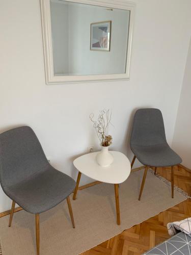 two chairs and a table in a room with a mirror at Apartmani Nedim in Dubrave Gornje