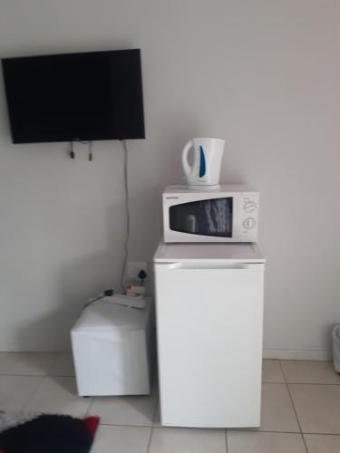 a microwave sitting on top of a white refrigerator at Ruros Guest House in Kempton Park