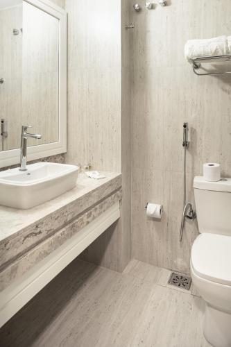 a bathroom with a sink and a toilet and a mirror at Itatiaia Resort & Eventos in Itatiaia