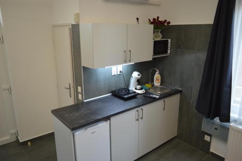 a small kitchen with white cabinets and a sink at Belvárosi Apartman in Pécs