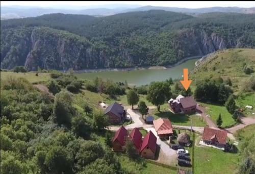 an aerial view of a house on a hill with a lake at Apartments Stari Jasen Uvac in Družiniće