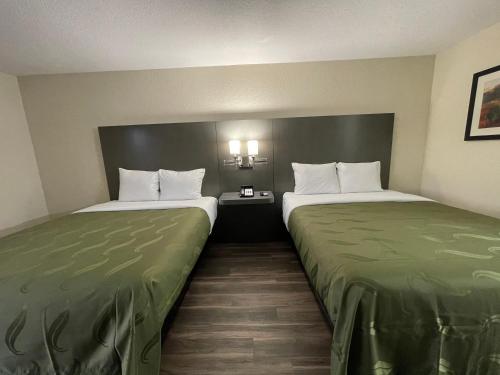 two beds in a hotel room with green sheets at Dreamland Inn in Marion
