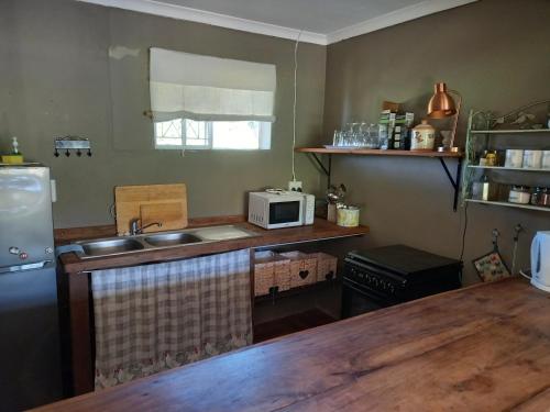 a kitchen with a sink and a counter with a microwave at Old Balgowan Farm Cottage in Balgowan