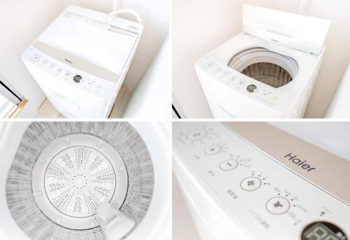 a collage of four pictures of a washing machine at japan house ebisu in Tokyo