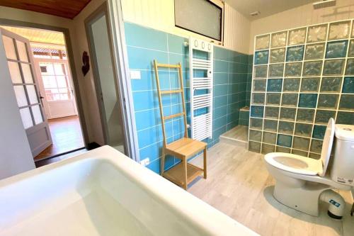 ein Bad mit einer Badewanne und einem WC in der Unterkunft Gîte de groupe Petit Moya, Maison de Campagne, 13 personnes. in Arbas