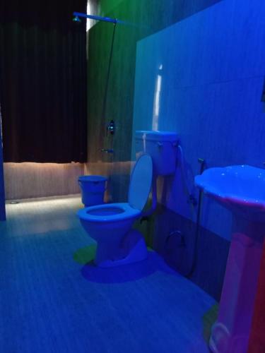 a blue bathroom with a toilet and a sink at Vamoose Raj Palace in Bharatpur