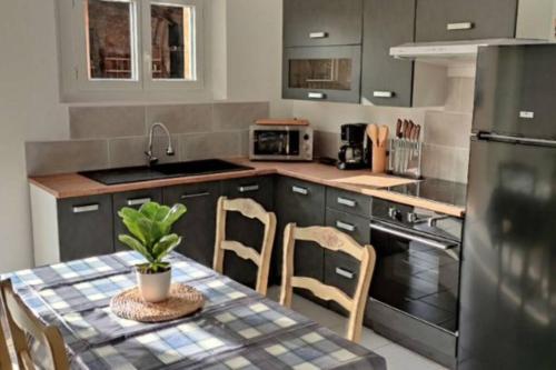 une cuisine avec une table et une plante. dans l'établissement LE CALME EN PROVENCE, à Tulette