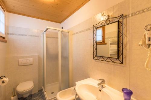 ein Badezimmer mit Dusche, Waschbecken und Toilette in der Unterkunft Sole - Casa Azzurra Piano Terra in Livigno