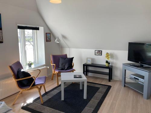 a living room with two chairs and a tv at Bøgebjerggård Bed & Breakfast in Nordborg