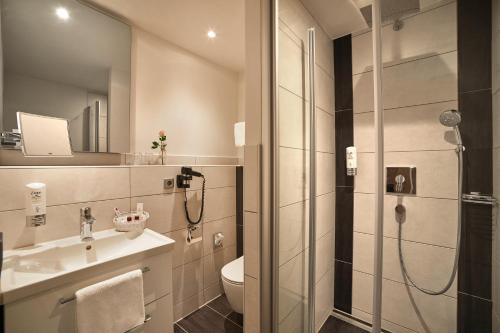 a bathroom with a shower and a sink and a toilet at Landgasthof zum Lamm in Bahlingen