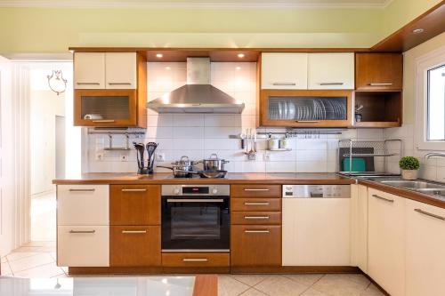a kitchen with wooden cabinets and a stove top oven at Spyrelia Villa with Private Pool & Outdoor Hot Tub in Dassia