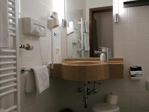 a bathroom with a sink and a toilet at Flair Hotel Dobrachtal in Kulmbach