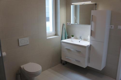 a bathroom with a sink and a toilet and a mirror at Bori Villa Siófok in Siófok